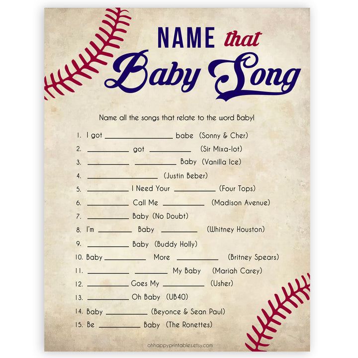 Baseball Name That Song Baby Shower Game, Baby Song Games, Baby Shower Games, Fun Baby Shower, Name that Song Game, Whats That Song, printable baby shower games, fun baby shower games, popular baby shower games