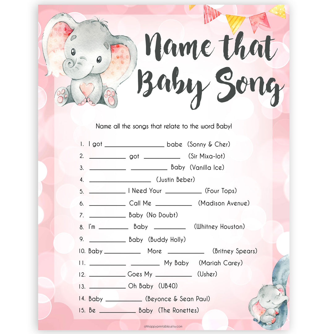 pink elephant baby games, name that baby song baby shower games, printable baby shower games, baby shower games, fun baby games, popular baby games, pink baby games