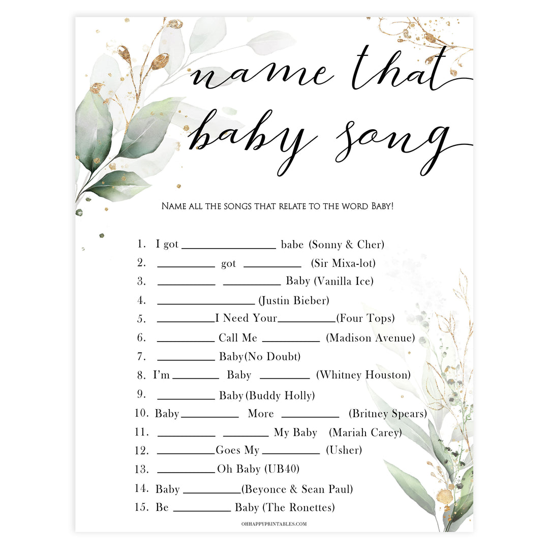Gold green leaf baby games, name that baby song,  printable baby games, fun baby games, top baby games to play, gold leaf baby shower, greenery baby shower ideas