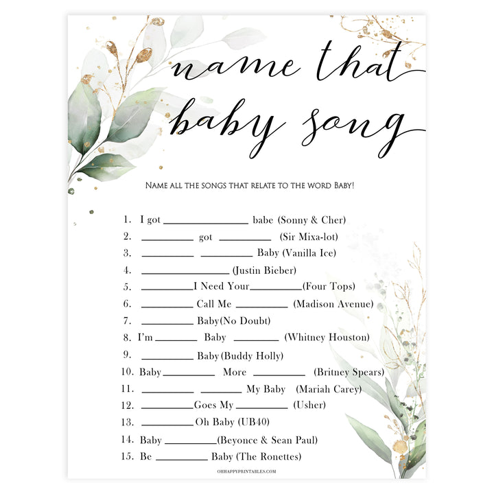 Gold green leaf baby games, name that baby song,  printable baby games, fun baby games, top baby games to play, gold leaf baby shower, greenery baby shower ideas