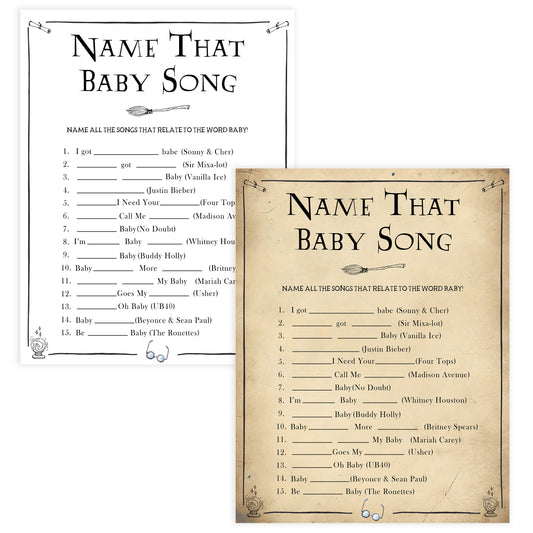 Name That Baby Song Game, Wizard baby shower games, printable baby shower games, Harry Potter baby games, Harry Potter baby shower, fun baby shower games,  fun baby ideas