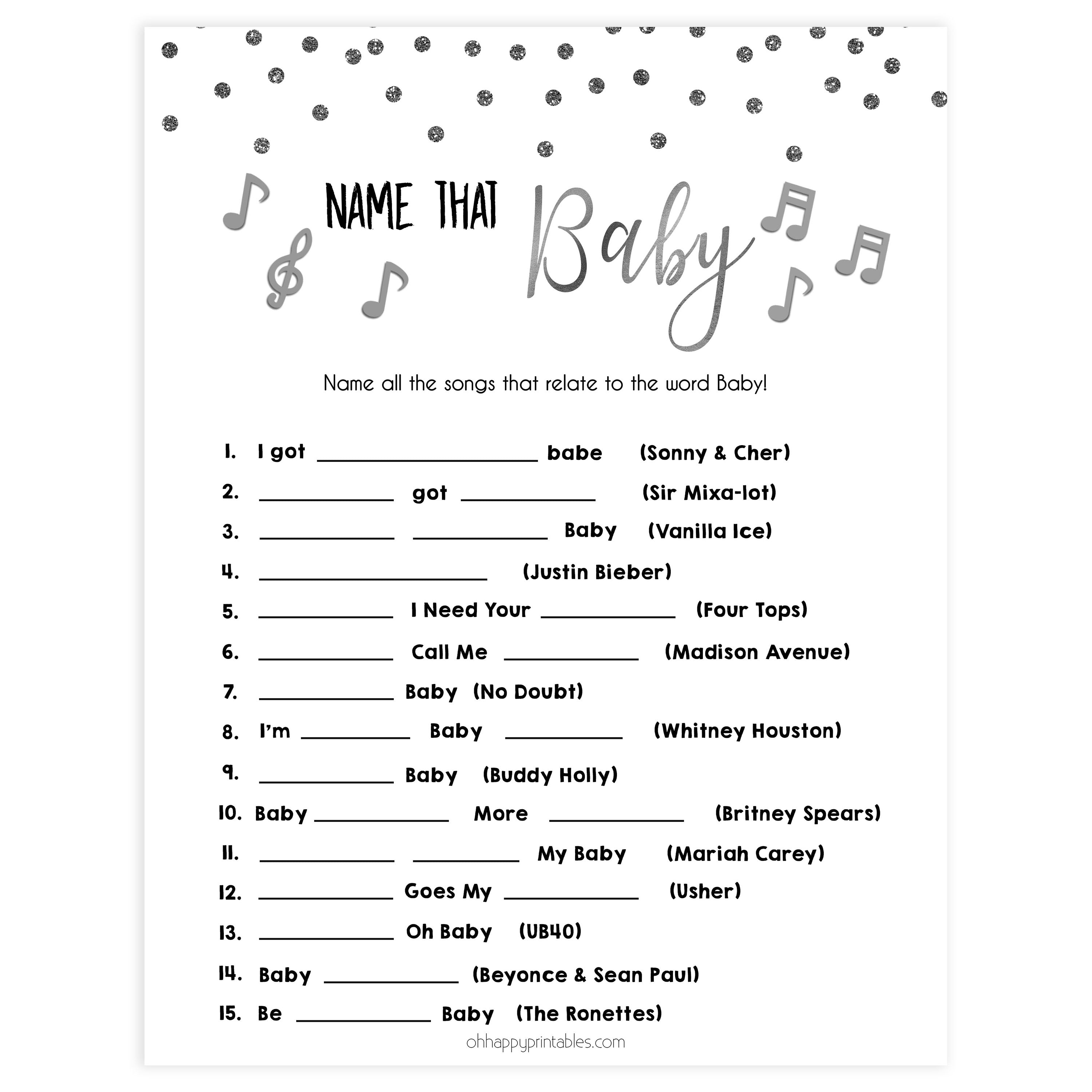 name that baby song, Printable baby shower games, baby silver glitter fun baby games, baby shower games, fun baby shower ideas, top baby shower ideas, silver glitter shower baby shower, friends baby shower ideas