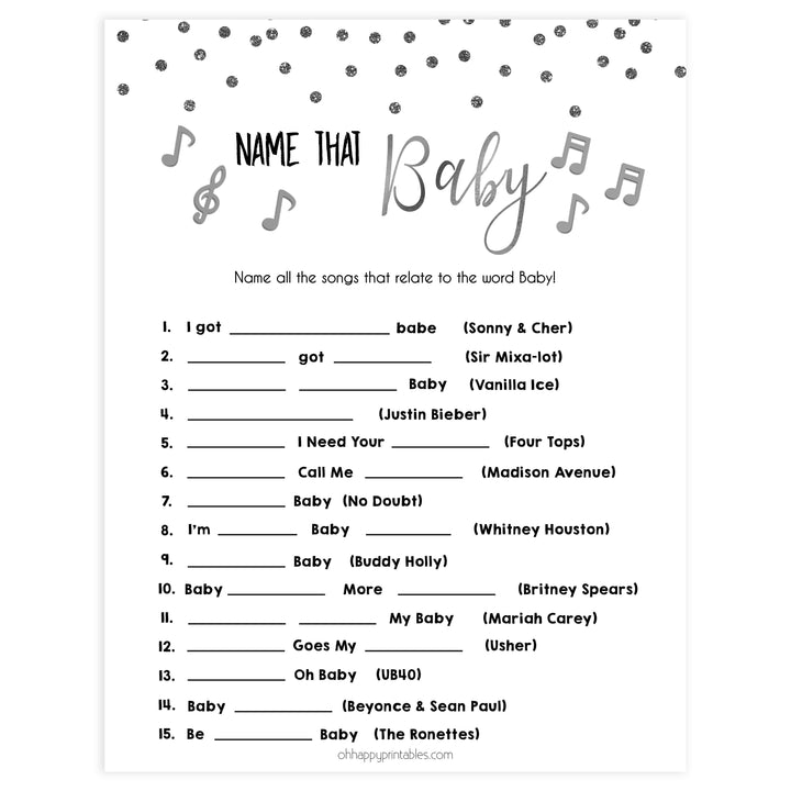 name that baby song, Printable baby shower games, baby silver glitter fun baby games, baby shower games, fun baby shower ideas, top baby shower ideas, silver glitter shower baby shower, friends baby shower ideas