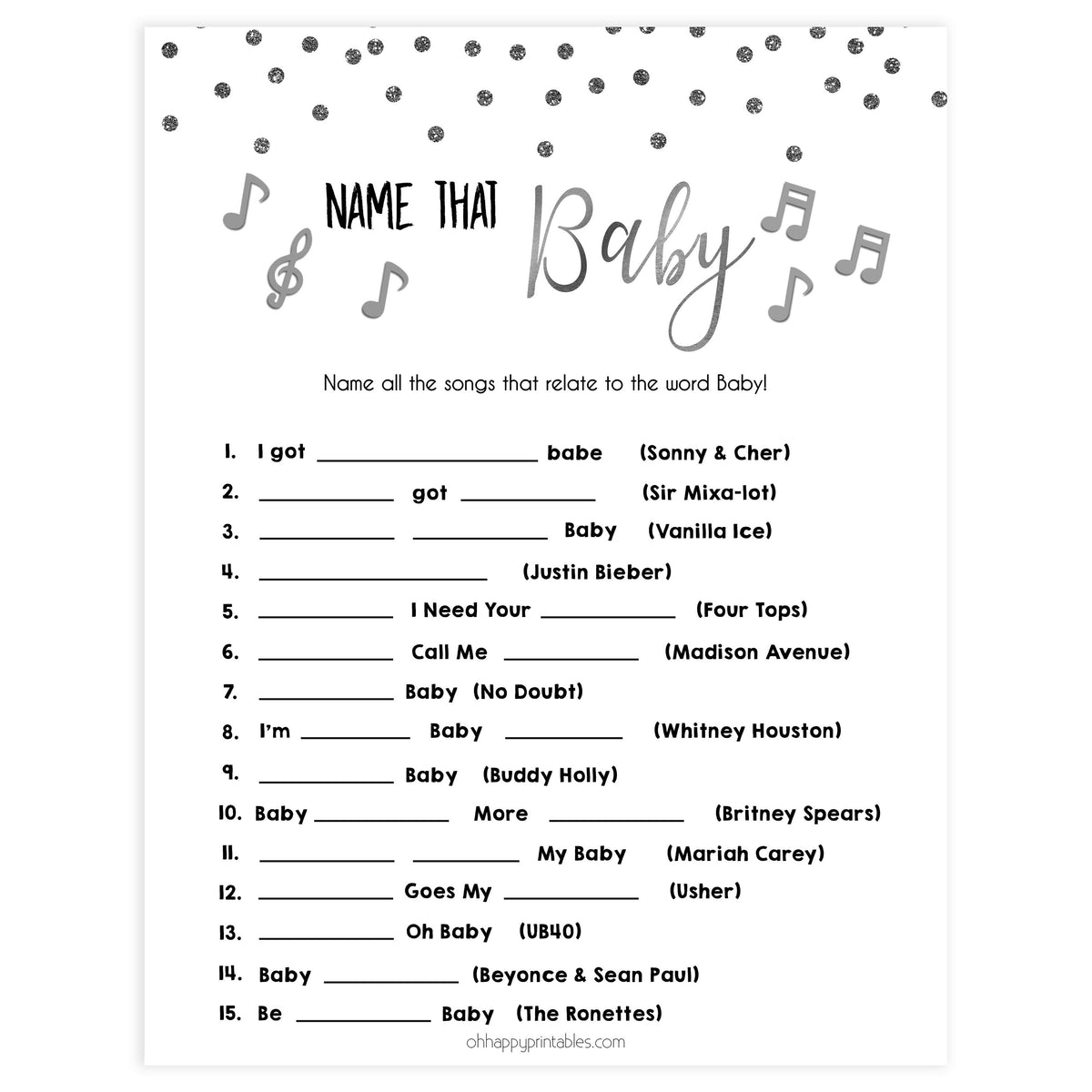 name that baby song, Printable baby shower games, baby silver glitter fun baby games, baby shower games, fun baby shower ideas, top baby shower ideas, silver glitter shower baby shower, friends baby shower ideas