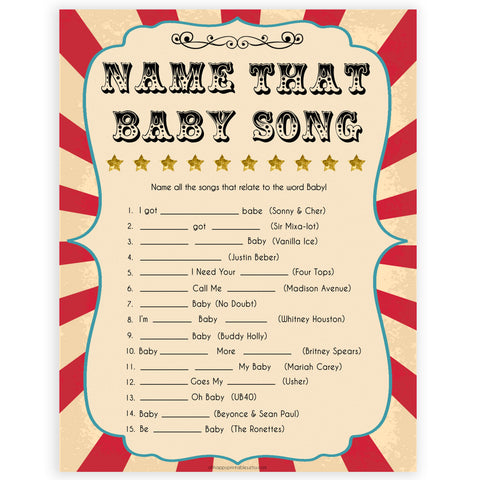 Circus name that baby song baby shower games, circus baby games, carnival baby games, printable baby games, fun baby games, popular baby games, carnival baby shower, carnival theme