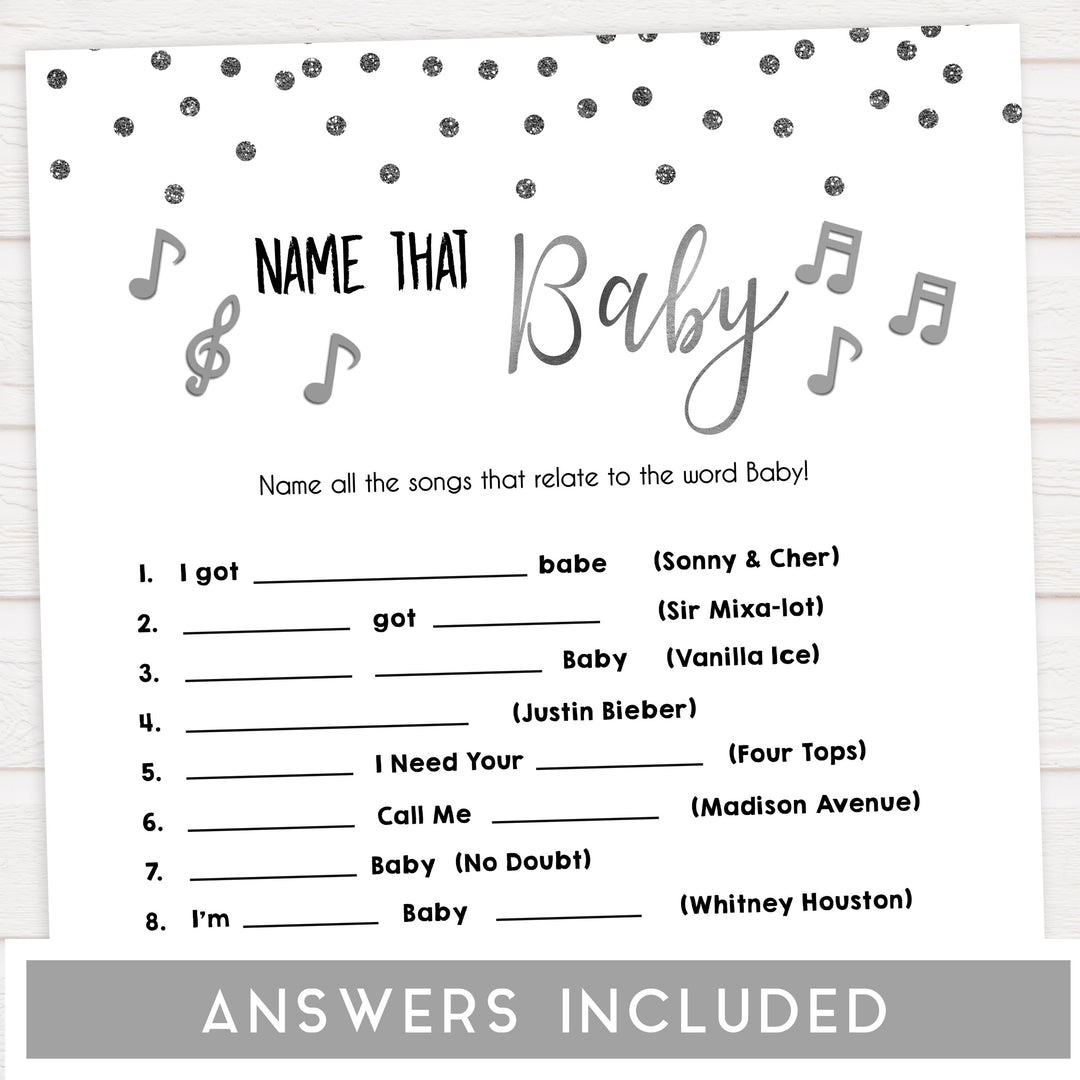 name that baby song, Printable baby shower games, baby silver glitter fun baby games, baby shower games, fun baby shower ideas, top baby shower ideas, silver glitter shower baby shower, friends baby shower ideas