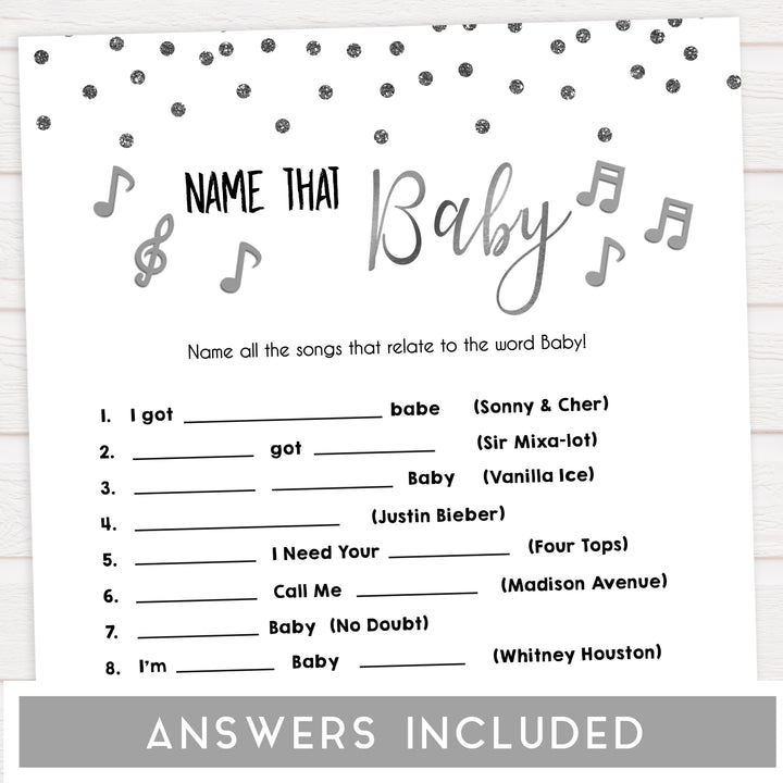 name that baby song, Printable baby shower games, baby silver glitter fun baby games, baby shower games, fun baby shower ideas, top baby shower ideas, silver glitter shower baby shower, friends baby shower ideas