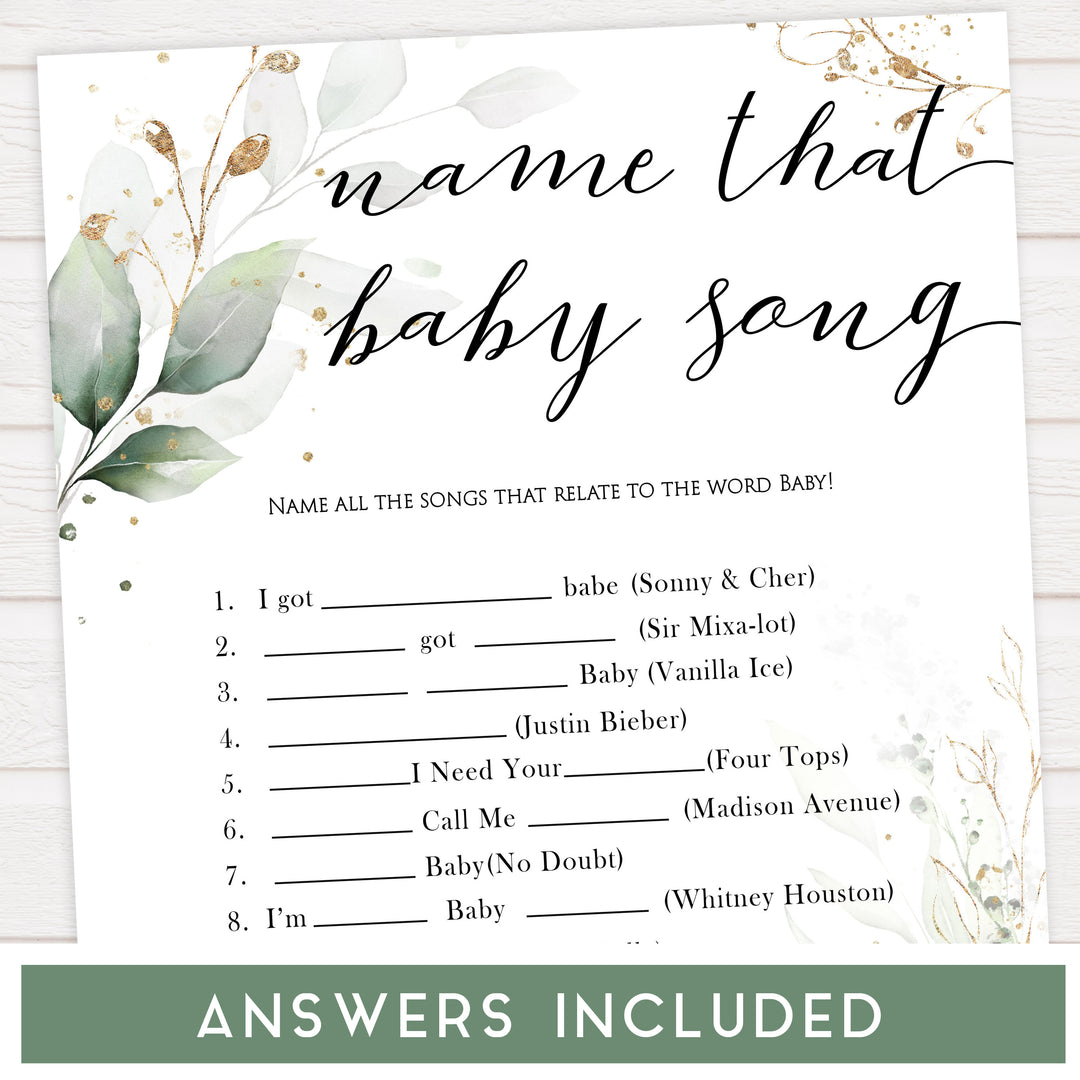 Gold green leaf baby games, name that baby song,  printable baby games, fun baby games, top baby games to play, gold leaf baby shower, greenery baby shower ideas