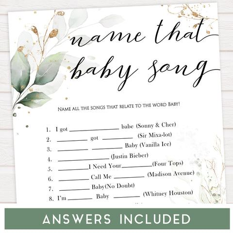 Gold green leaf baby games, name that baby song,  printable baby games, fun baby games, top baby games to play, gold leaf baby shower, greenery baby shower ideas
