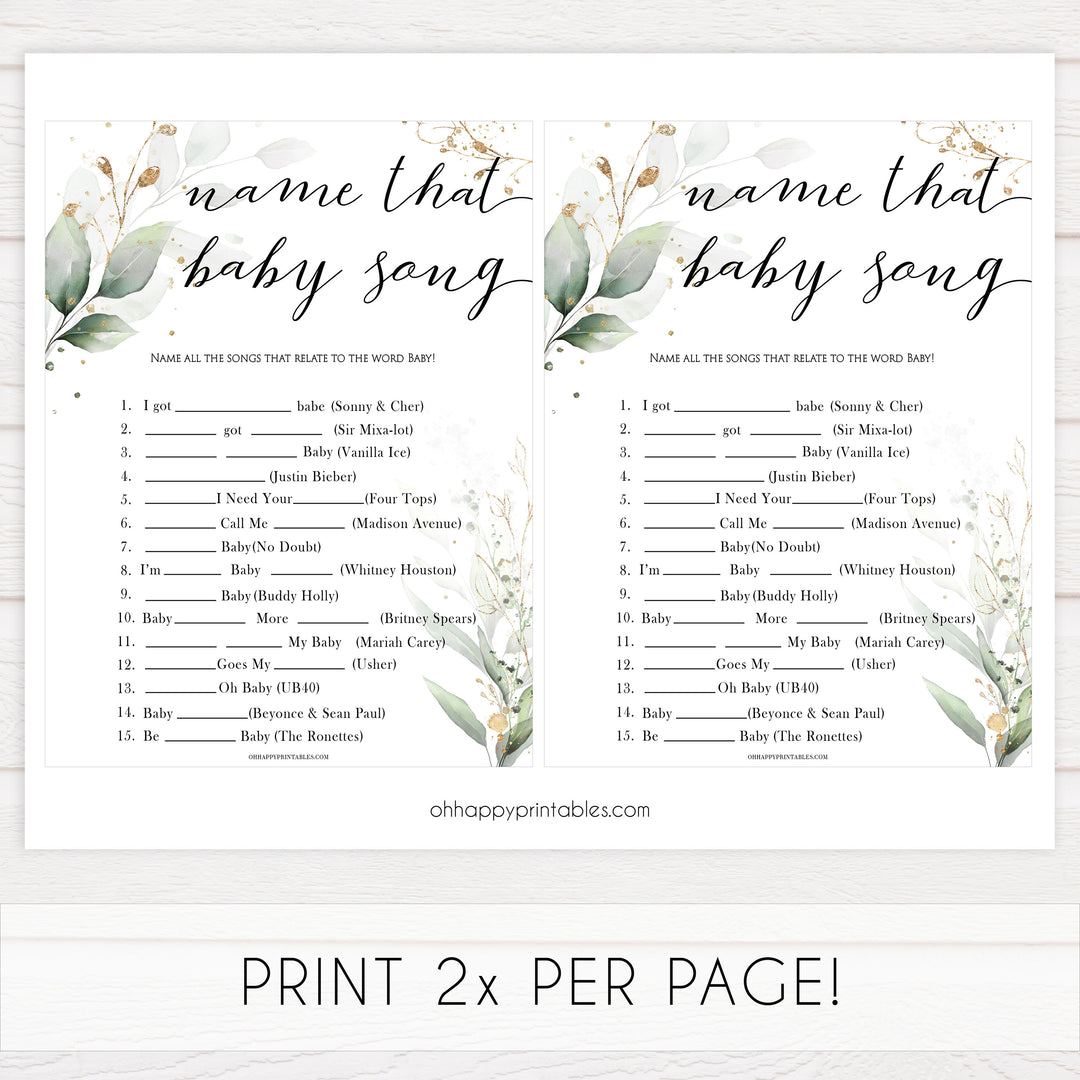 Gold green leaf baby games, name that baby song,  printable baby games, fun baby games, top baby games to play, gold leaf baby shower, greenery baby shower ideas