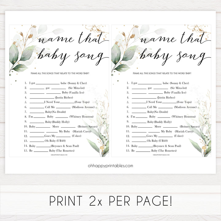 Gold green leaf baby games, name that baby song,  printable baby games, fun baby games, top baby games to play, gold leaf baby shower, greenery baby shower ideas