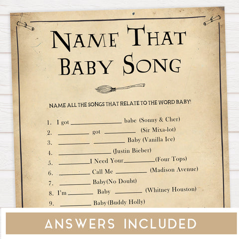 Name That Baby Song Game, Wizard baby shower games, printable baby shower games, Harry Potter baby games, Harry Potter baby shower, fun baby shower games,  fun baby ideas