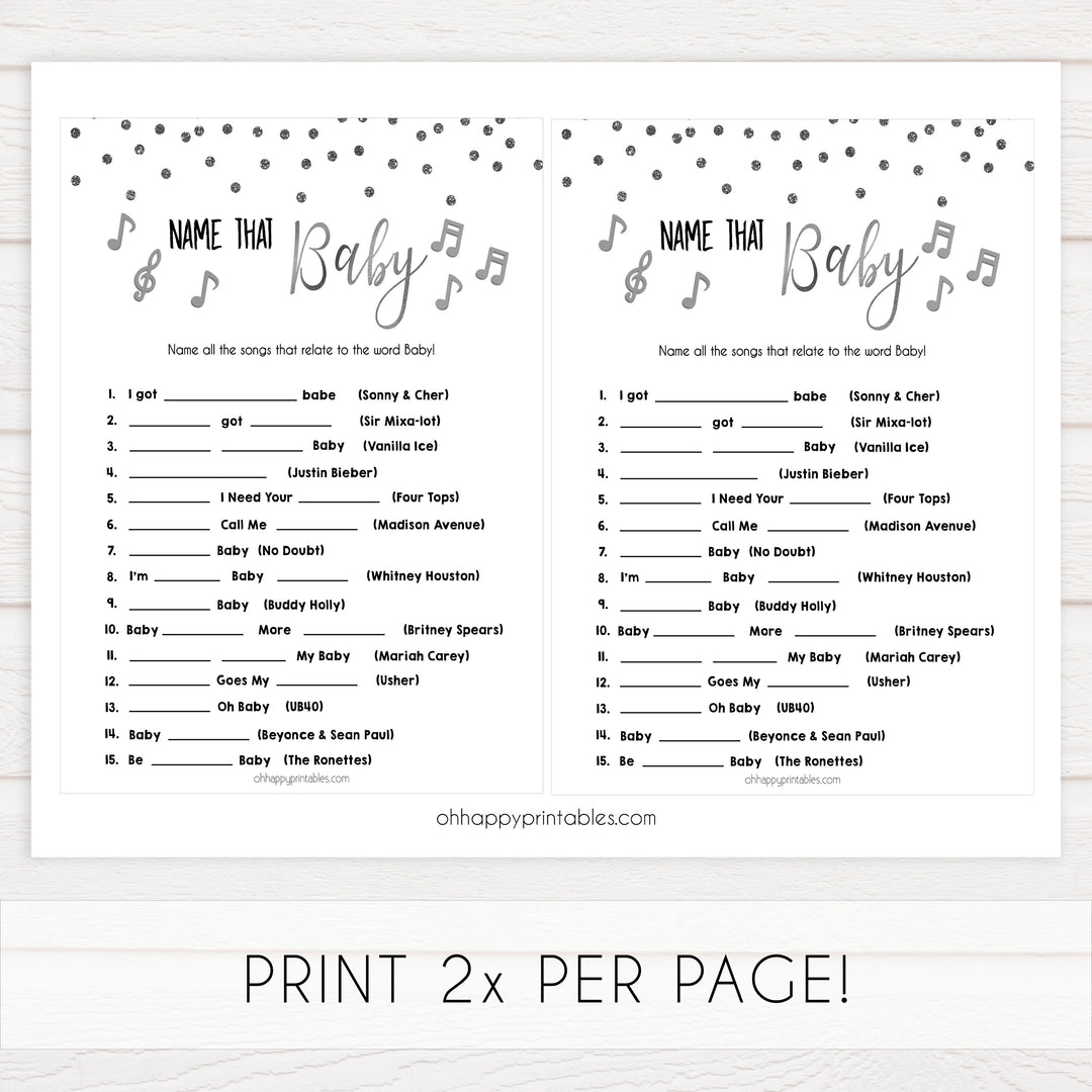 name that baby song, Printable baby shower games, baby silver glitter fun baby games, baby shower games, fun baby shower ideas, top baby shower ideas, silver glitter shower baby shower, friends baby shower ideas