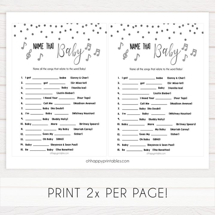 name that baby song, Printable baby shower games, baby silver glitter fun baby games, baby shower games, fun baby shower ideas, top baby shower ideas, silver glitter shower baby shower, friends baby shower ideas