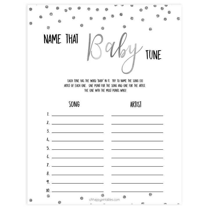 name that baby tune game, Printable baby shower games, baby silver glitter fun baby games, baby shower games, fun baby shower ideas, top baby shower ideas, silver glitter shower baby shower, friends baby shower ideas