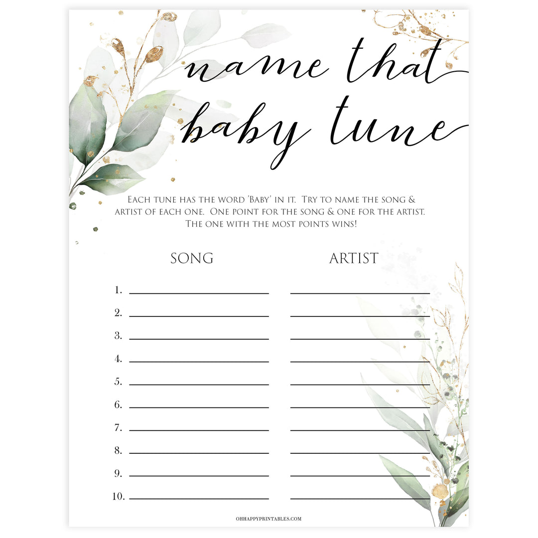 Gold green leaf baby games, name that baby tune, printable baby games, fun baby games, top baby games to play, gold leaf baby shower, greenery baby shower ideas