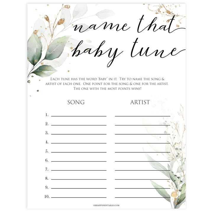 Gold green leaf baby games, name that baby tune, printable baby games, fun baby games, top baby games to play, gold leaf baby shower, greenery baby shower ideas