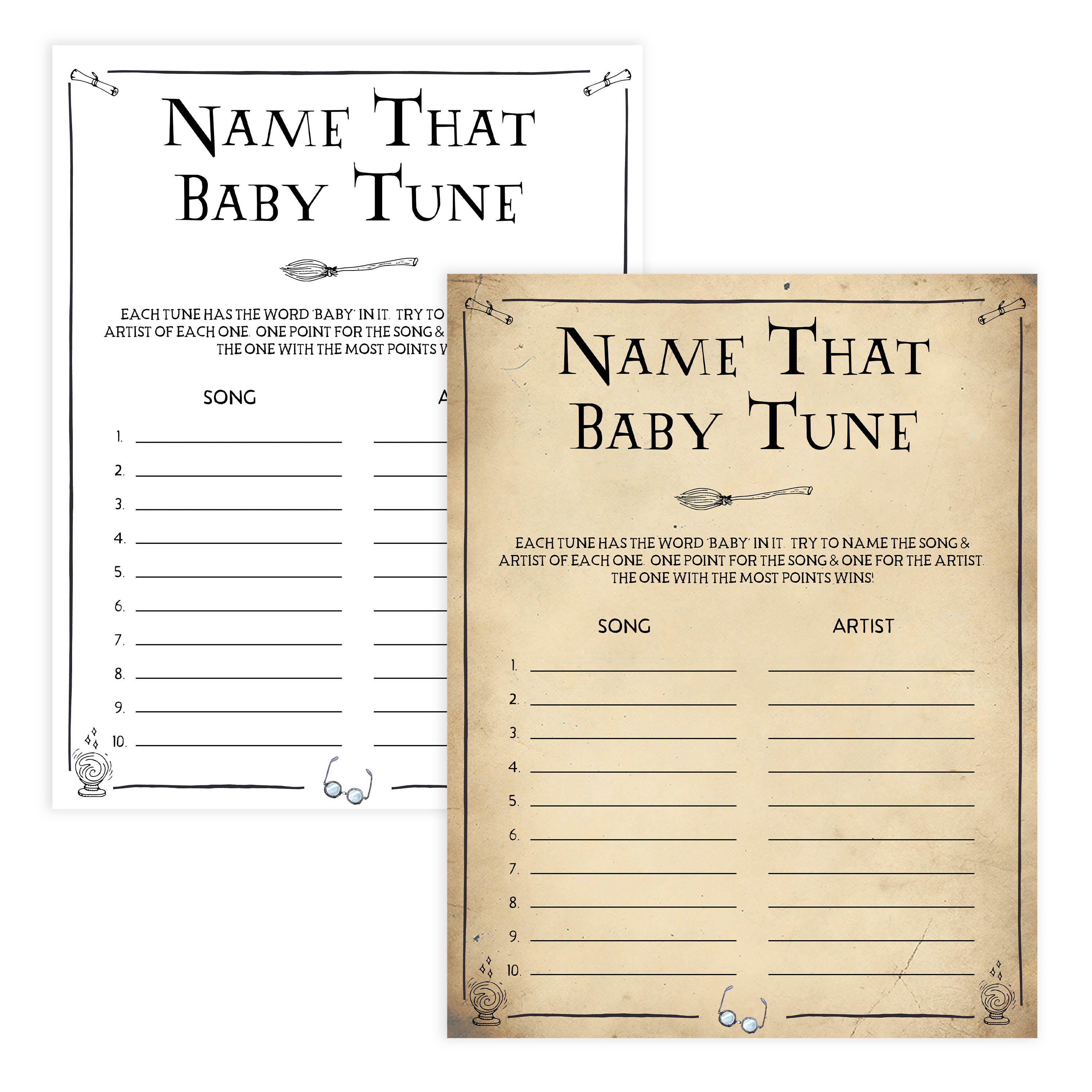 Name That Baby Tune Game, Wizard baby shower games, printable baby shower games, Harry Potter baby games, Harry Potter baby shower, fun baby shower games,  fun baby ideas