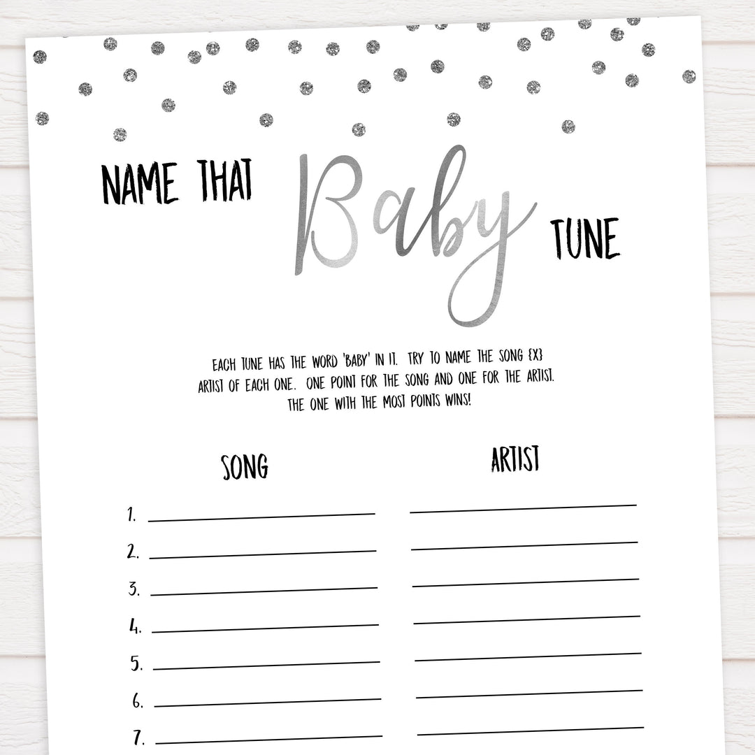 name that baby tune game, Printable baby shower games, baby silver glitter fun baby games, baby shower games, fun baby shower ideas, top baby shower ideas, silver glitter shower baby shower, friends baby shower ideas