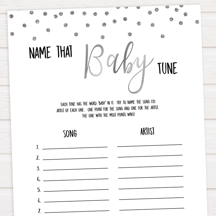 name that baby tune game, Printable baby shower games, baby silver glitter fun baby games, baby shower games, fun baby shower ideas, top baby shower ideas, silver glitter shower baby shower, friends baby shower ideas