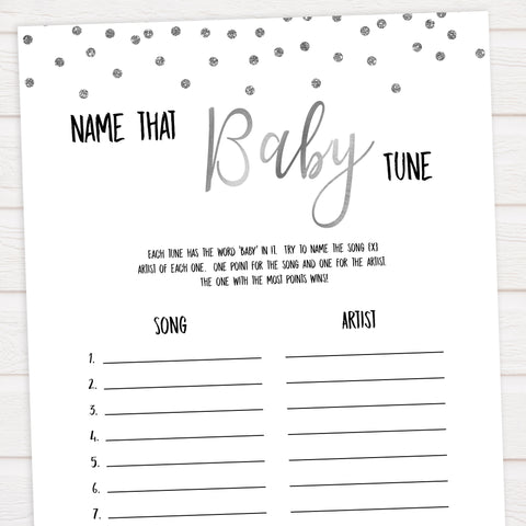 name that baby tune game, Printable baby shower games, baby silver glitter fun baby games, baby shower games, fun baby shower ideas, top baby shower ideas, silver glitter shower baby shower, friends baby shower ideas