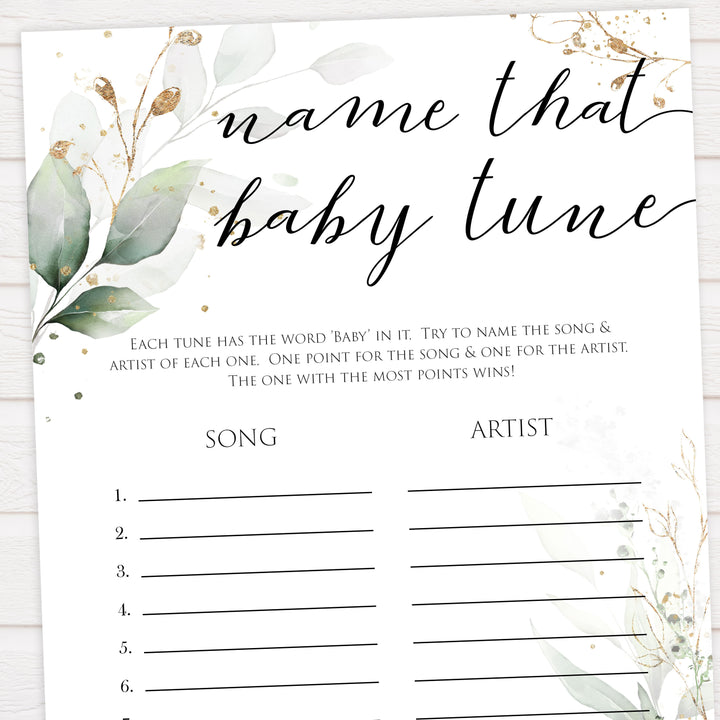 Gold green leaf baby games, name that baby tune, printable baby games, fun baby games, top baby games to play, gold leaf baby shower, greenery baby shower ideas