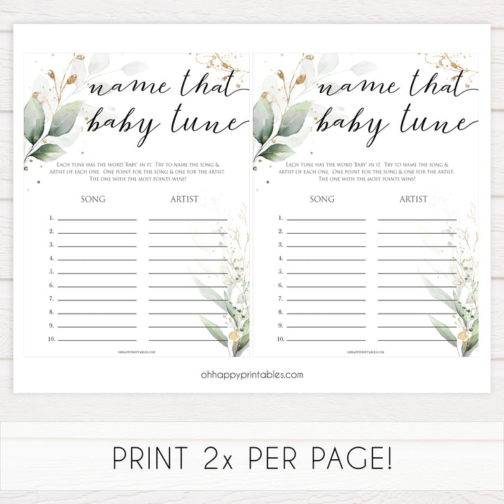Gold green leaf baby games, name that baby tune, printable baby games, fun baby games, top baby games to play, gold leaf baby shower, greenery baby shower ideas