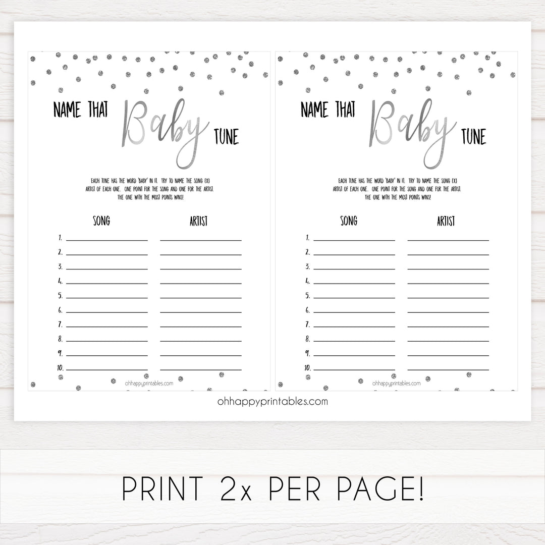 name that baby tune game, Printable baby shower games, baby silver glitter fun baby games, baby shower games, fun baby shower ideas, top baby shower ideas, silver glitter shower baby shower, friends baby shower ideas