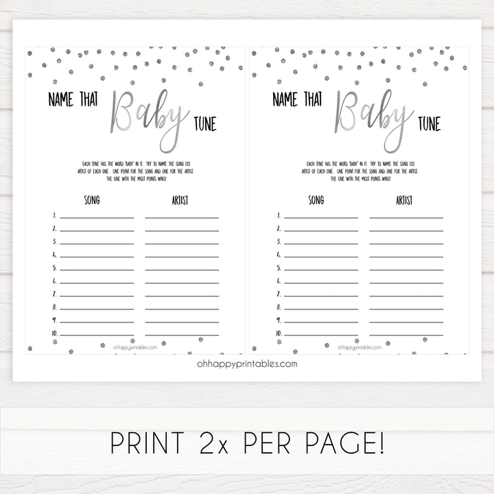 name that baby tune game, Printable baby shower games, baby silver glitter fun baby games, baby shower games, fun baby shower ideas, top baby shower ideas, silver glitter shower baby shower, friends baby shower ideas