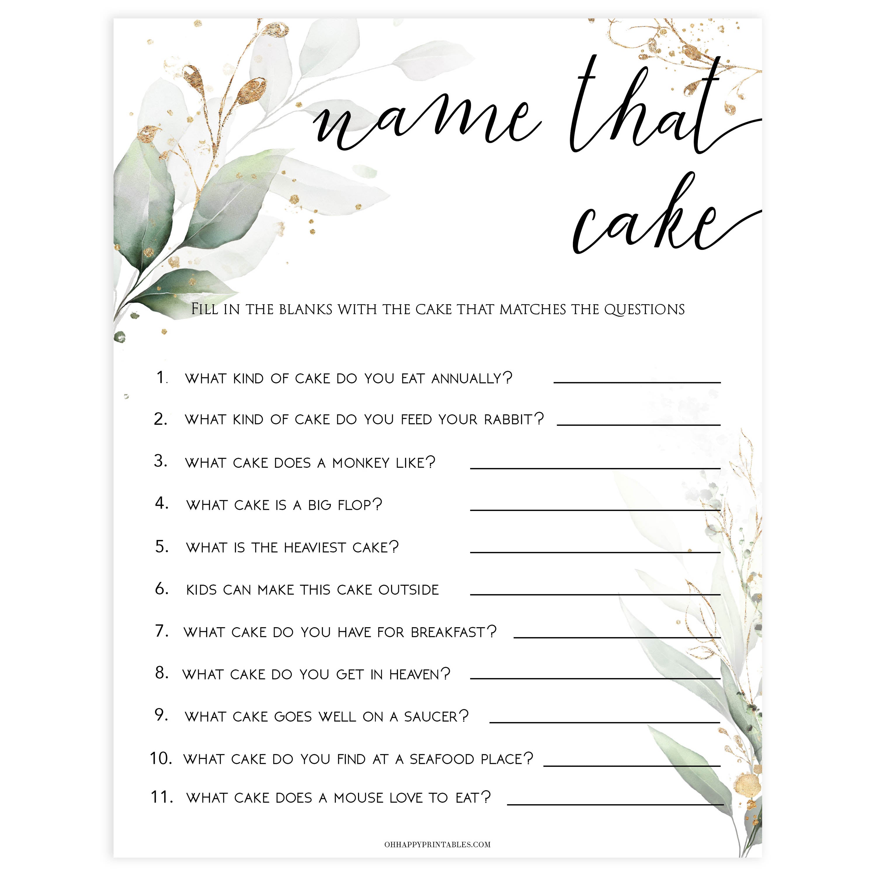 name that cake, name that cake bridal game, Printable bridal shower games, greenery bridal shower, gold leaf bridal shower games, fun bridal shower games, bridal shower game ideas, greenery bridal shower