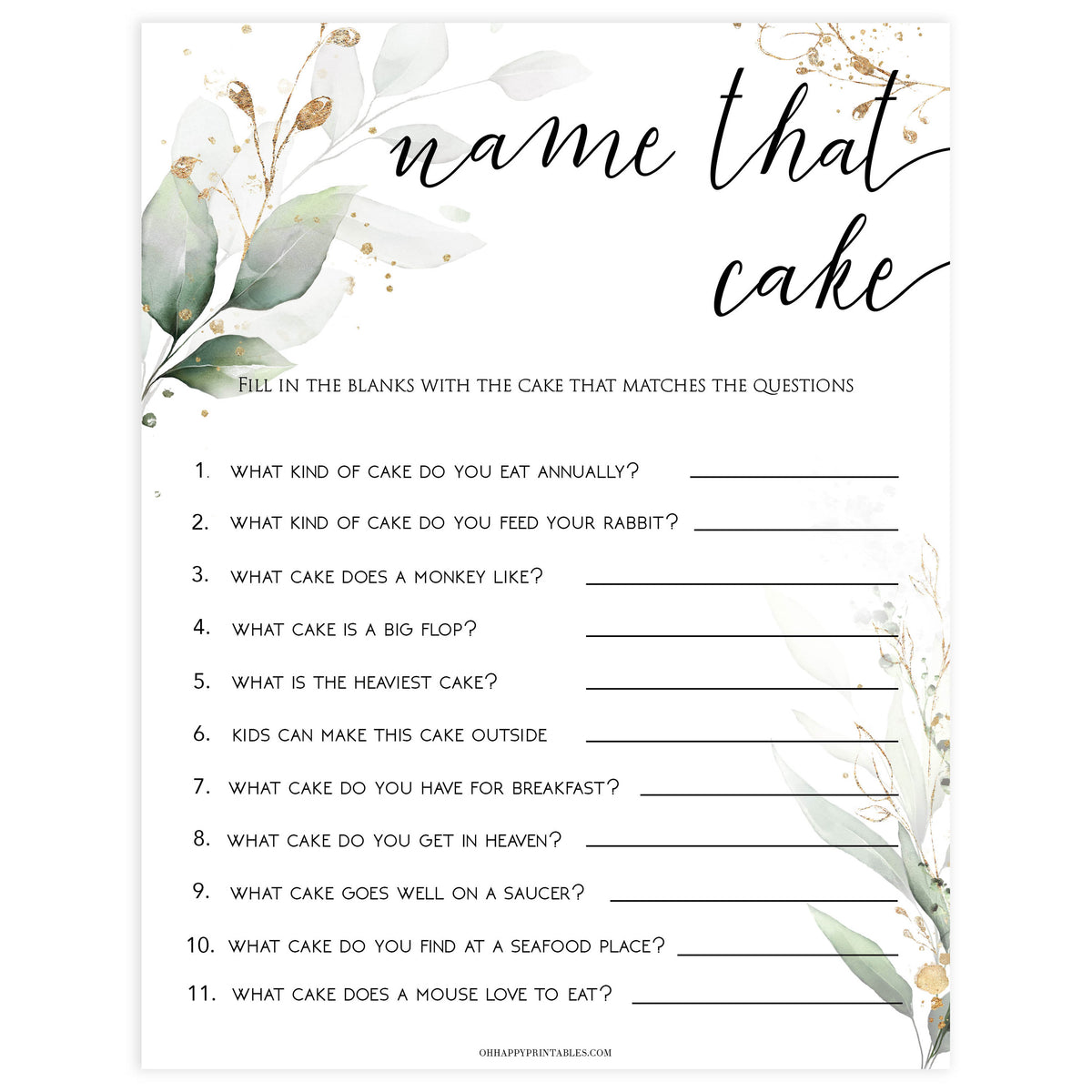name that cake, name that cake bridal game, Printable bridal shower games, greenery bridal shower, gold leaf bridal shower games, fun bridal shower games, bridal shower game ideas, greenery bridal shower