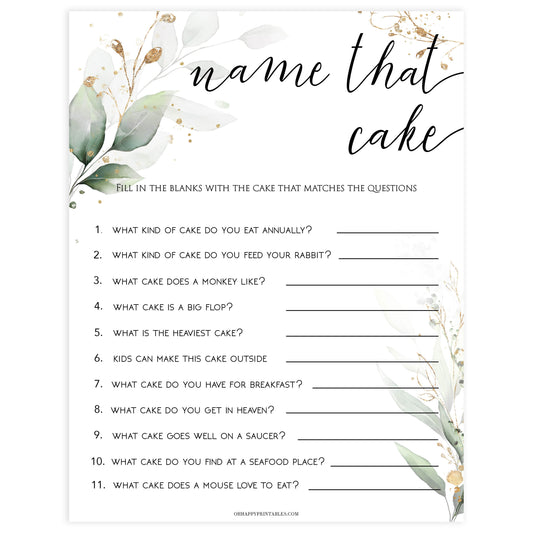 name that cake, name that cake bridal game, Printable bridal shower games, greenery bridal shower, gold leaf bridal shower games, fun bridal shower games, bridal shower game ideas, greenery bridal shower