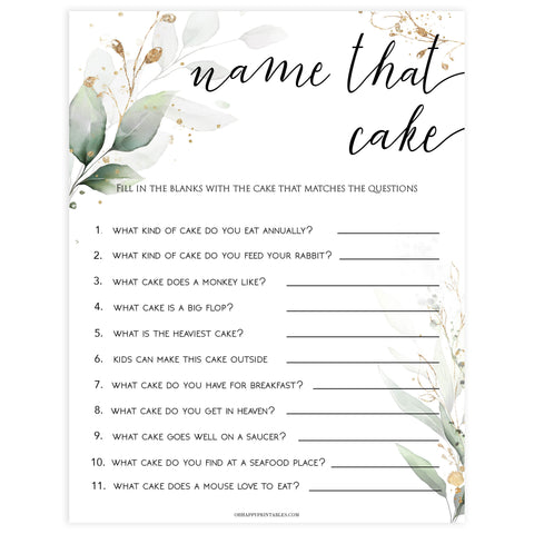 name that cake, name that cake bridal game, Printable bridal shower games, greenery bridal shower, gold leaf bridal shower games, fun bridal shower games, bridal shower game ideas, greenery bridal shower