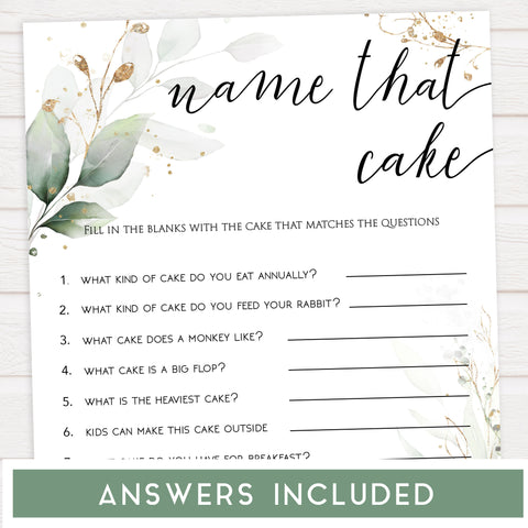 name that cake, name that cake bridal game, Printable bridal shower games, greenery bridal shower, gold leaf bridal shower games, fun bridal shower games, bridal shower game ideas, greenery bridal shower