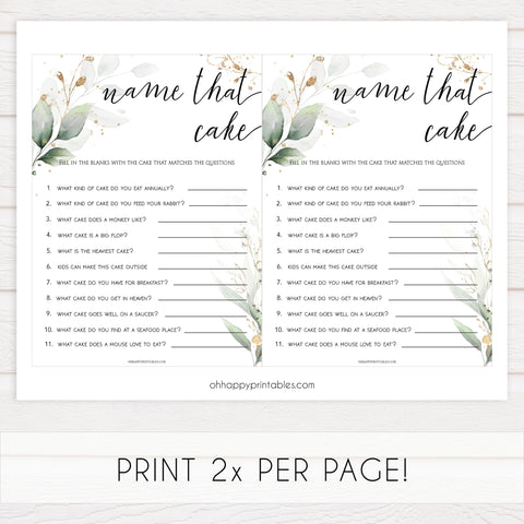 name that cake, name that cake bridal game, Printable bridal shower games, greenery bridal shower, gold leaf bridal shower games, fun bridal shower games, bridal shower game ideas, greenery bridal shower