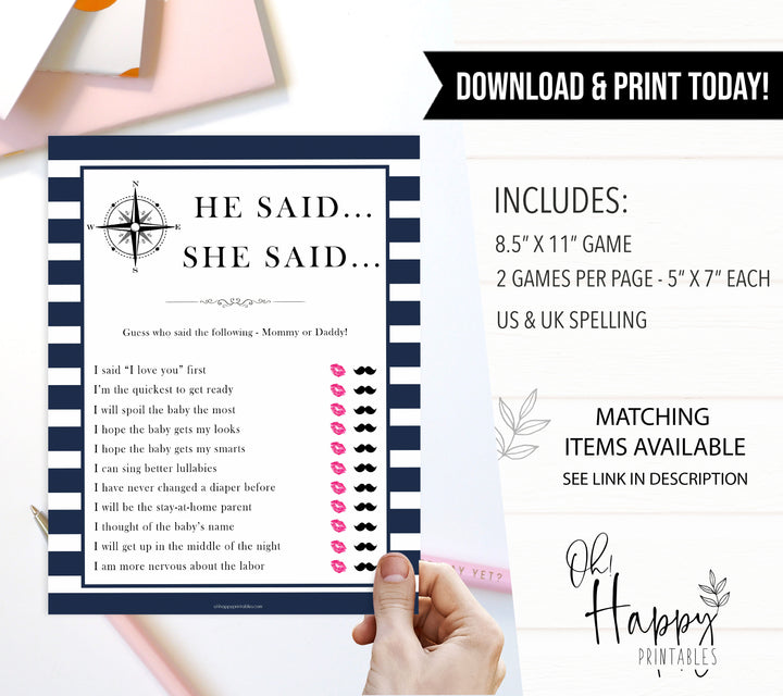 Nautical baby shower games, he said she said baby shower games, printable baby shower games, baby shower games, fun baby games, ahoy its a boy, popular baby shower games, sailor baby games, boat baby games
