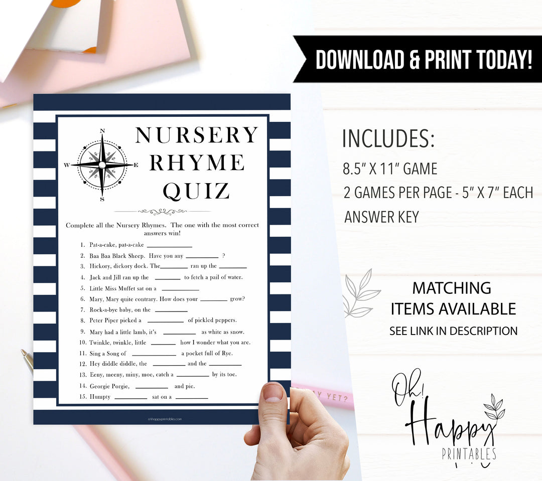 Nautical baby shower games, nursery rhyme quiz baby shower games, printable baby shower games, baby shower games, fun baby games, ahoy its a boy, popular baby shower games, sailor baby games, boat baby games