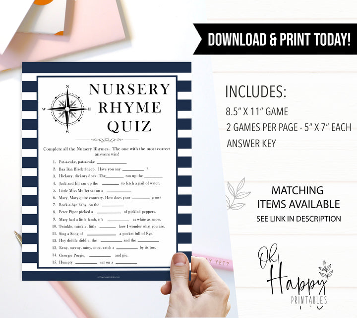 Nautical baby shower games, nursery rhyme quiz baby shower games, printable baby shower games, baby shower games, fun baby games, ahoy its a boy, popular baby shower games, sailor baby games, boat baby games