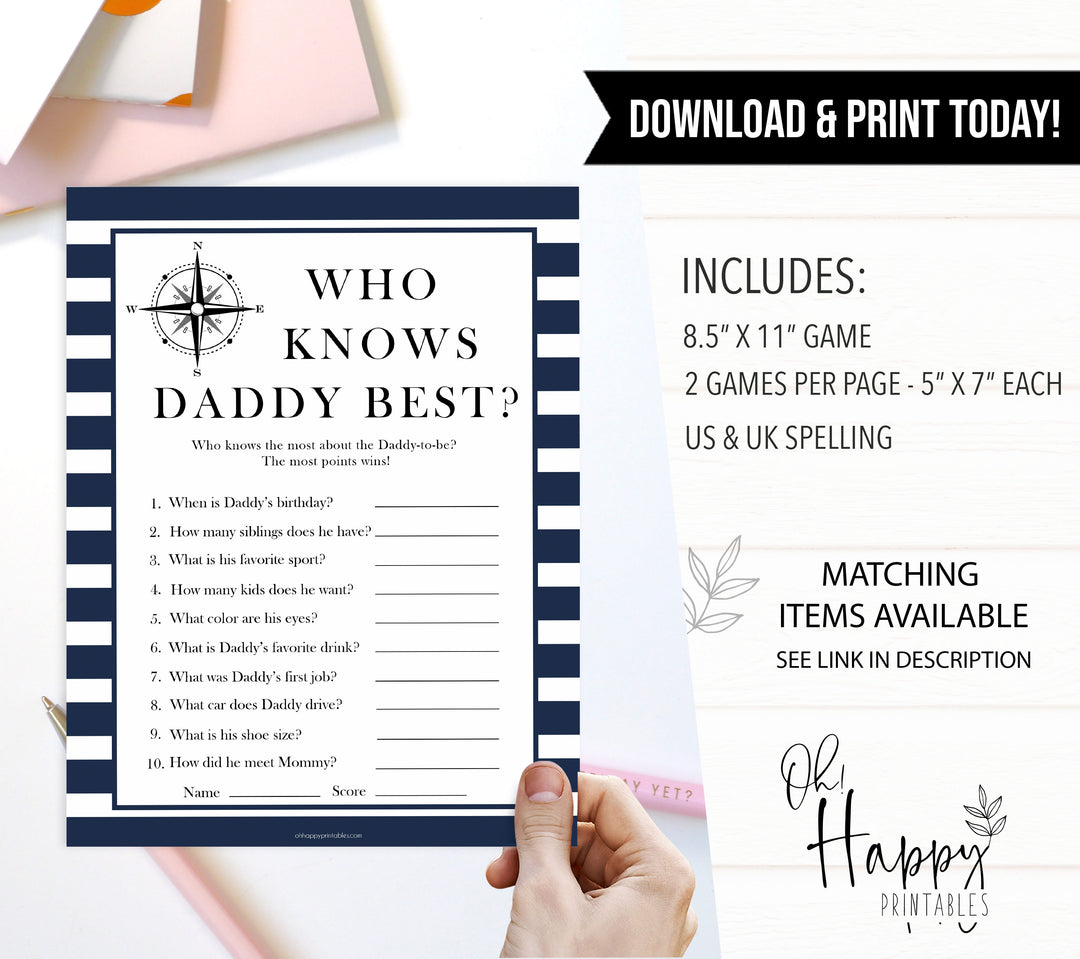 Nautical baby shower games, who knows daddy best baby shower games, printable baby shower games, baby shower games, fun baby games, ahoy its a boy, popular baby shower games, sailor baby games, boat baby games