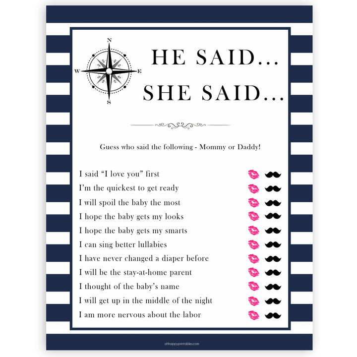 Nautical baby shower games, he said she said baby shower games, printable baby shower games, baby shower games, fun baby games, ahoy its a boy, popular baby shower games, sailor baby games, boat baby games