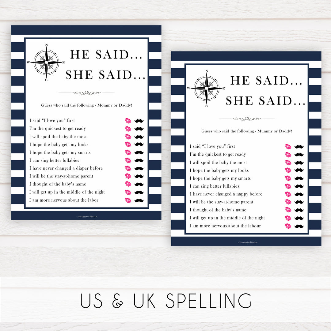 Nautical baby shower games, he said she said baby shower games, printable baby shower games, baby shower games, fun baby games, ahoy its a boy, popular baby shower games, sailor baby games, boat baby games