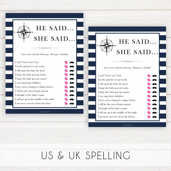 Nautical baby shower games, he said she said baby shower games, printable baby shower games, baby shower games, fun baby games, ahoy its a boy, popular baby shower games, sailor baby games, boat baby games