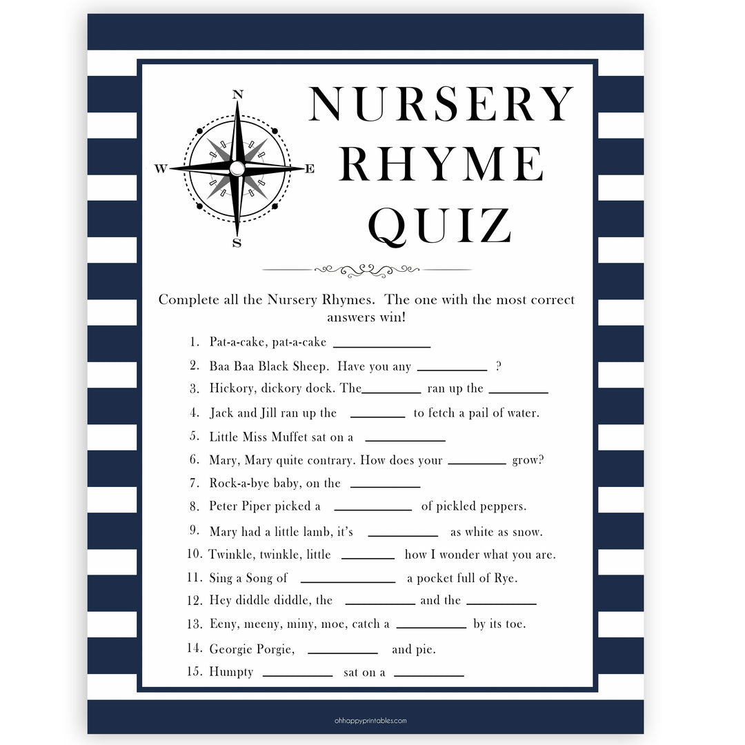 Nautical baby shower games, nursery rhyme quiz baby shower games, printable baby shower games, baby shower games, fun baby games, ahoy its a boy, popular baby shower games, sailor baby games, boat baby games