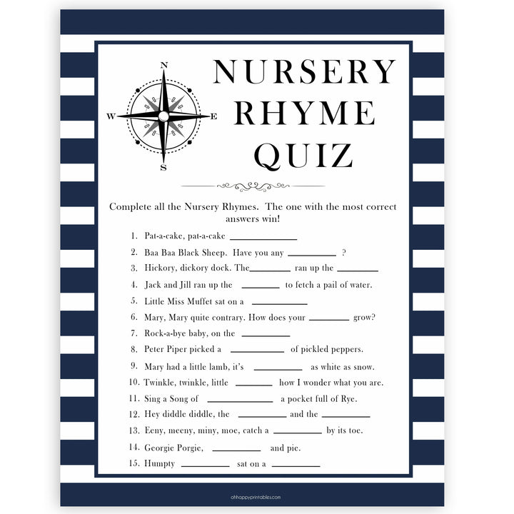 Nautical baby shower games, nursery rhyme quiz baby shower games, printable baby shower games, baby shower games, fun baby games, ahoy its a boy, popular baby shower games, sailor baby games, boat baby games