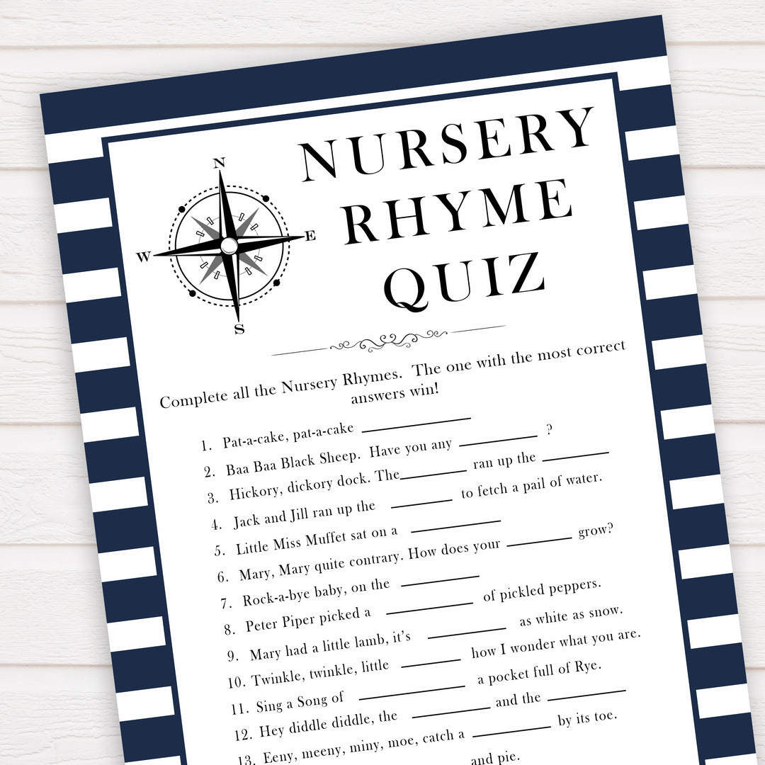 Nautical baby shower games, nursery rhyme quiz baby shower games, printable baby shower games, baby shower games, fun baby games, ahoy its a boy, popular baby shower games, sailor baby games, boat baby games