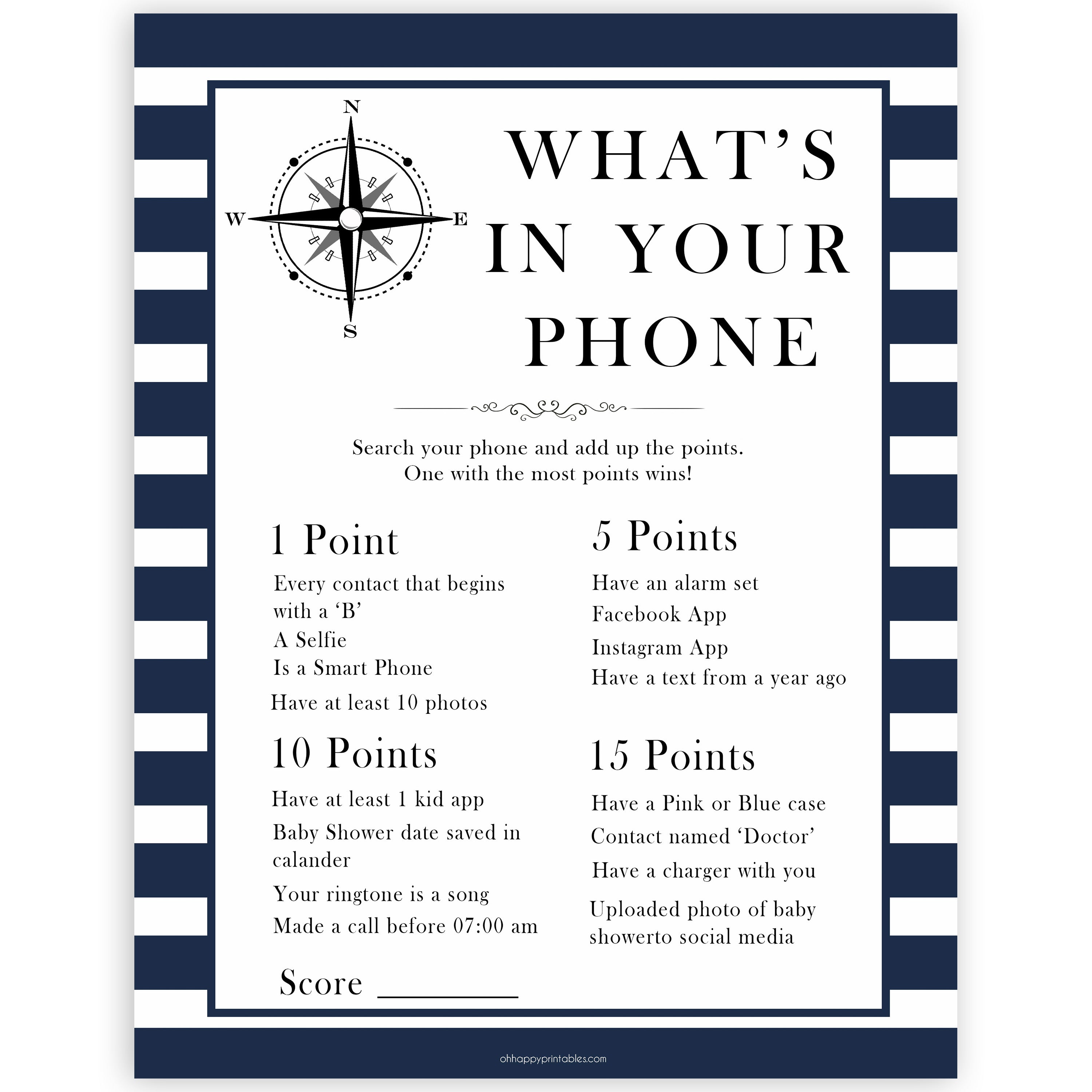 Nautical baby shower games, whats in your phone baby shower games, printable baby shower games, baby shower games, fun baby games, ahoy its a boy, popular baby shower games, sailor baby games, boat baby games