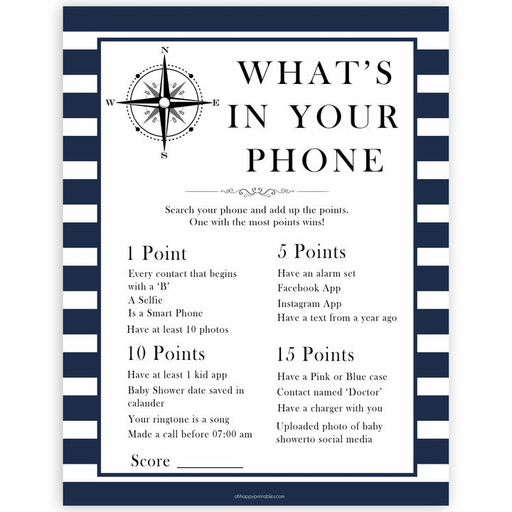 Nautical baby shower games, whats in your phone baby shower games, printable baby shower games, baby shower games, fun baby games, ahoy its a boy, popular baby shower games, sailor baby games, boat baby games