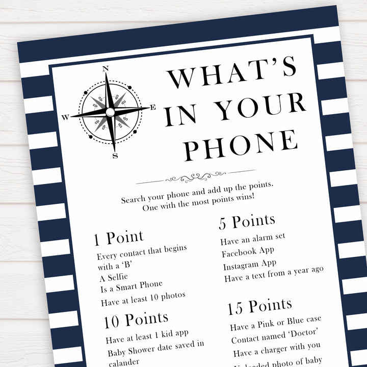 Nautical baby shower games, whats in your phone baby shower games, printable baby shower games, baby shower games, fun baby games, ahoy its a boy, popular baby shower games, sailor baby games, boat baby games