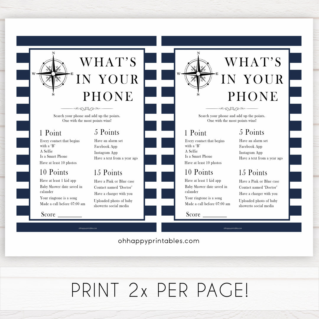 Nautical baby shower games, whats in your phone baby shower games, printable baby shower games, baby shower games, fun baby games, ahoy its a boy, popular baby shower games, sailor baby games, boat baby games