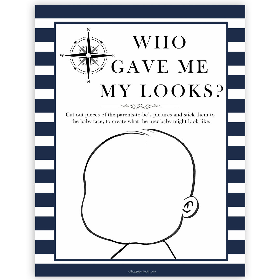 Nautical baby shower games, who game me my looks baby shower games, printable baby shower games, baby shower games, fun baby games, ahoy its a boy, popular baby shower games, sailor baby games, boat baby games